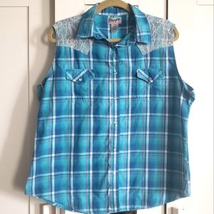 Wrangler Wrancher shirt womens XL pearl snap sleeveless plaid lace blue pink